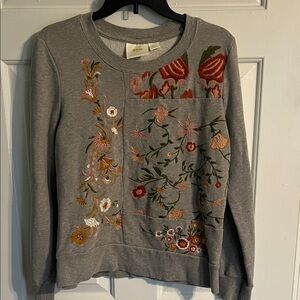 Anthropologie Gray Sweater with Floral Embroidery